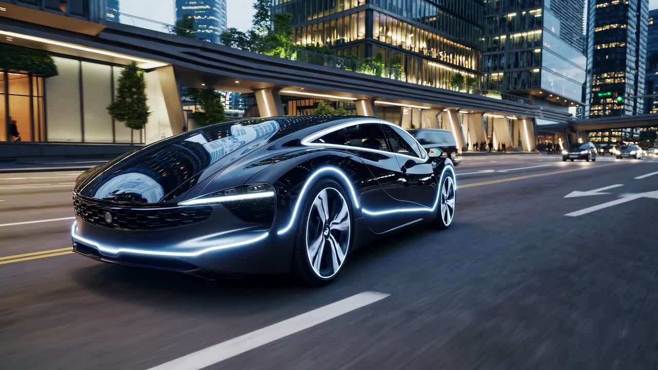 Futuristic car in motion on a city street, captured from a low-angle