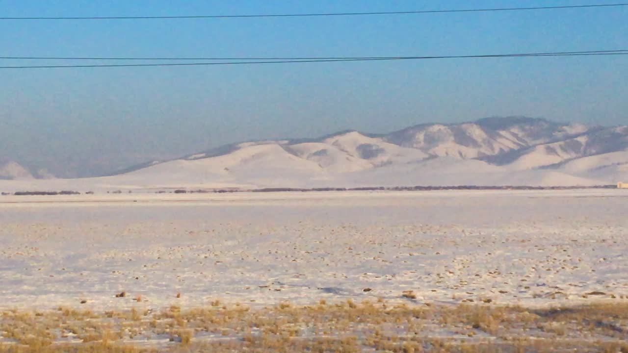 Remote Mongolian Landscape During Winter. POV Shot From Moving Train