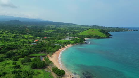 aerial view of tamarindos beach and its beauty coast with a hawk flying towards the camara.são tomé,africa