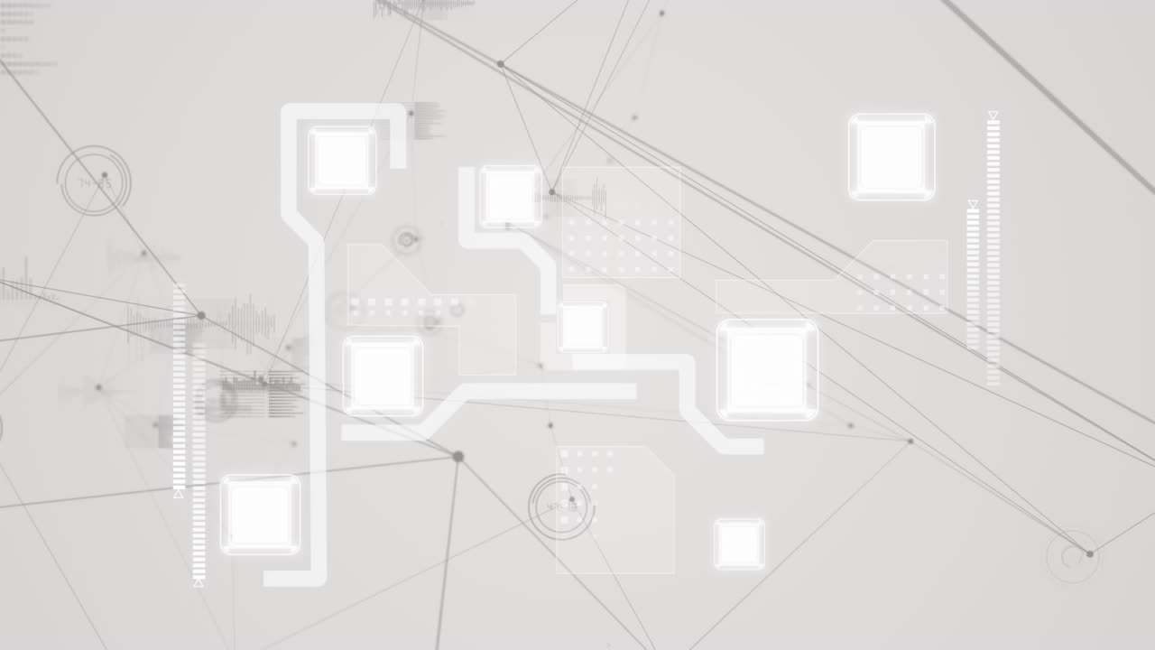 Animation of network of connections and data processing over grey background