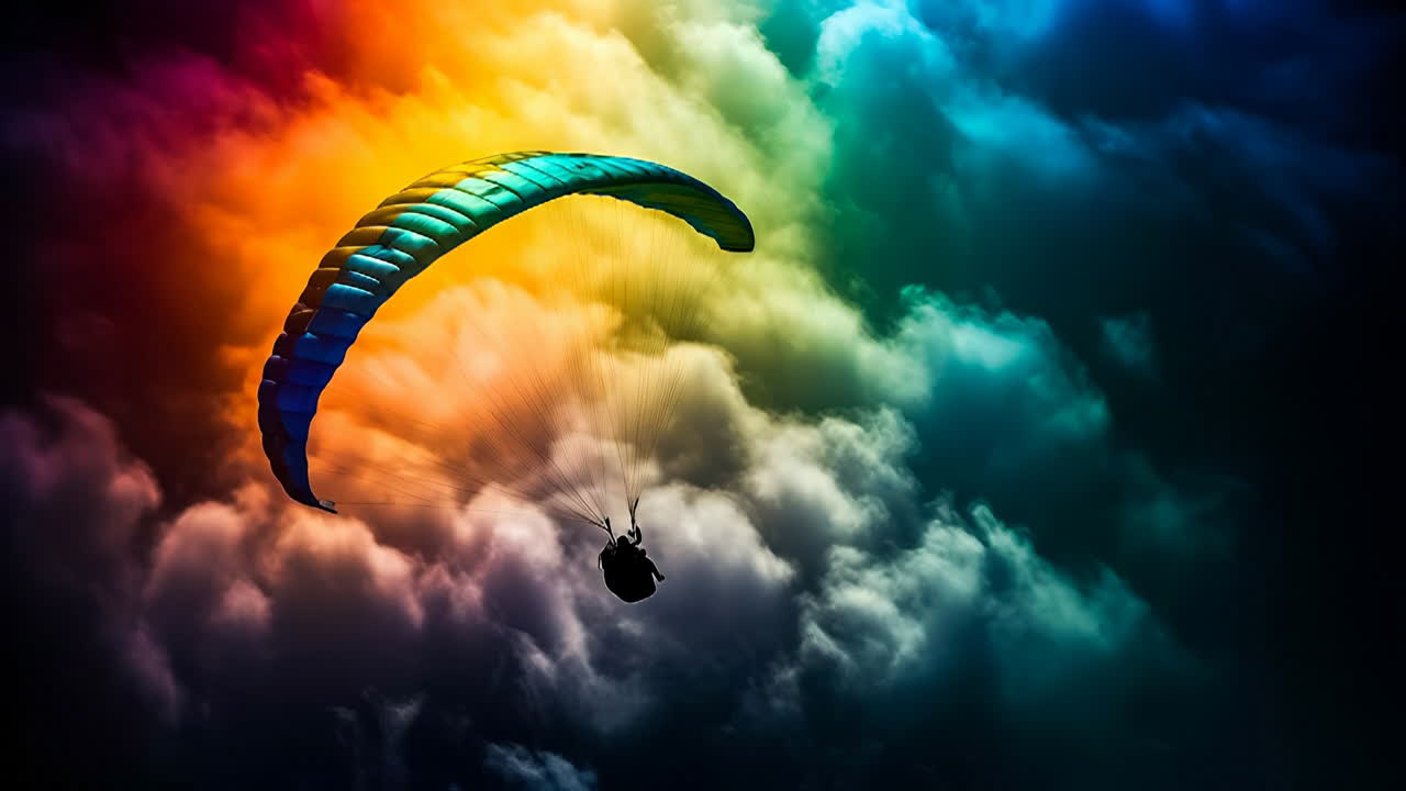 Faldskærmsudspringer svæver gennem farverige skyer. En person dyrker paragliding højt over jorden blandt skyer fyldt med forskellige farver i dagslys.