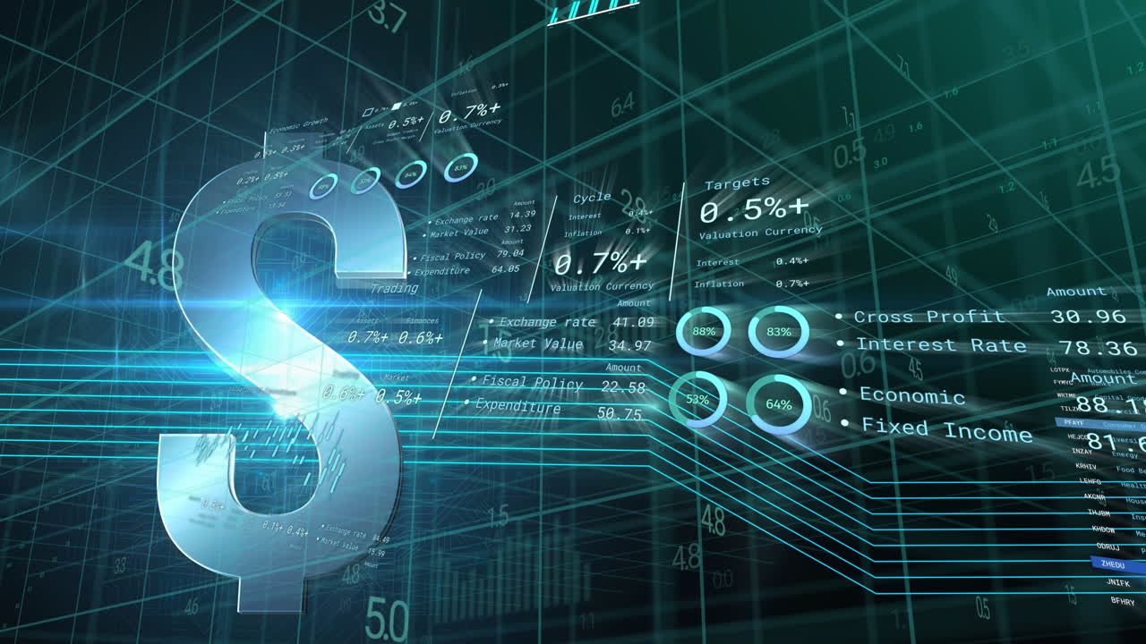 animación del procesamiento de datos financieros sobre el símbolo del dólar estadounidense