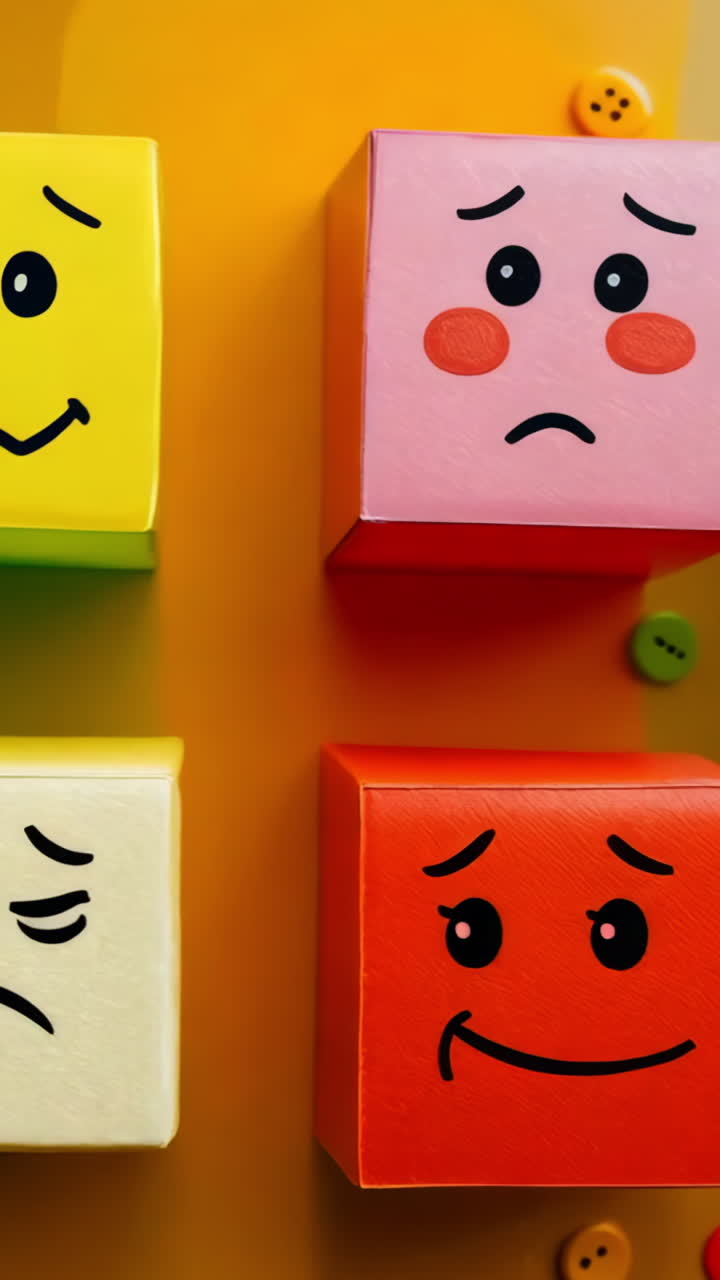 A row of colorful blocks with faces on them, including a happy face with a heart and a sad face with an open mouth