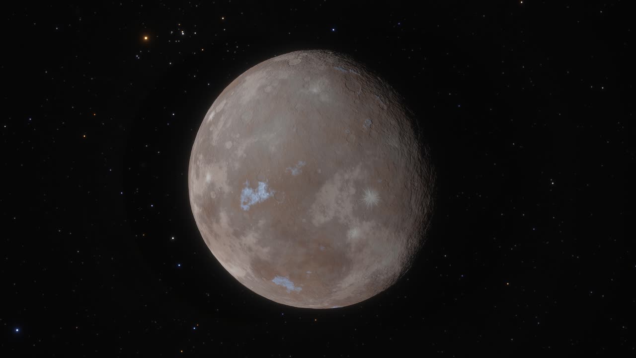 The asteroid or Dwarf Planet Ceres, as seen from high above it in orbit in this high quality HDR render of our solar system