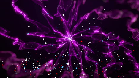 digital animation of confetti falling over purple digital waves on black background