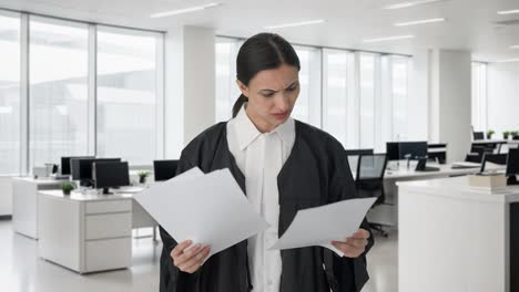 abogada india estresada y tensa leyendo archivos de casos