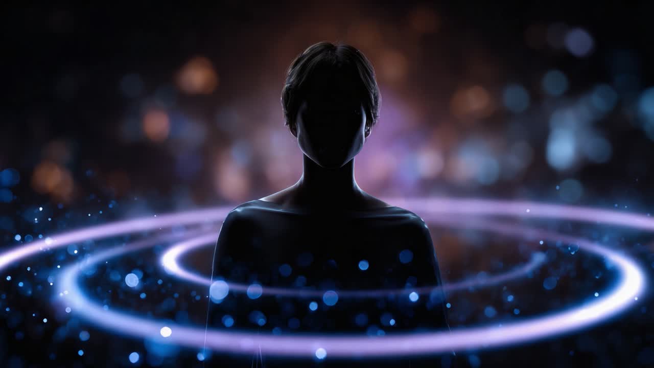 Una silhouette mistica circondata da cerchi luminosi e particelle abbaglianti, che incarna energia calma e un senso di infinita espansione nell'Universo