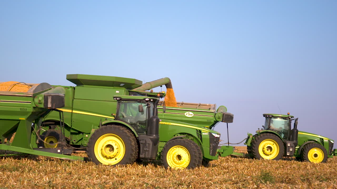 미국 중서부의 트랙터에서 쏟아지는 옥수수의 슬로우 모션 샷