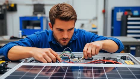a focused technician working on complex electrical wiring in a solar energy system, ensuring accurate connections and optimal performance in a modern workshop environment
