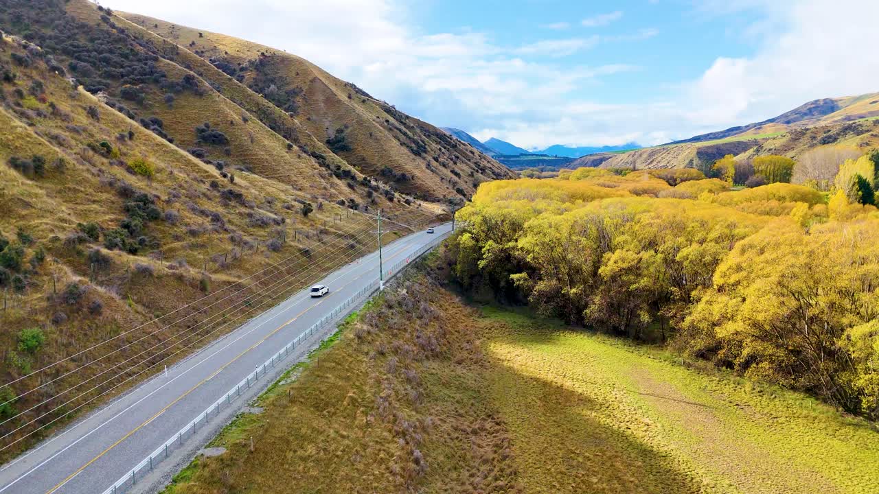 Drone footage glides above a winding highway through golden autumn trees and hills near Wanaka, New Zealand, under bright natural daylight