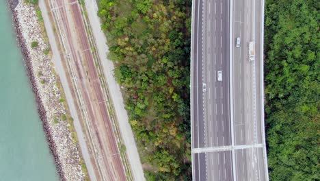 Traffic-on-a-rural-highway-interchange-in-Hong-Kong,-Aerial-view