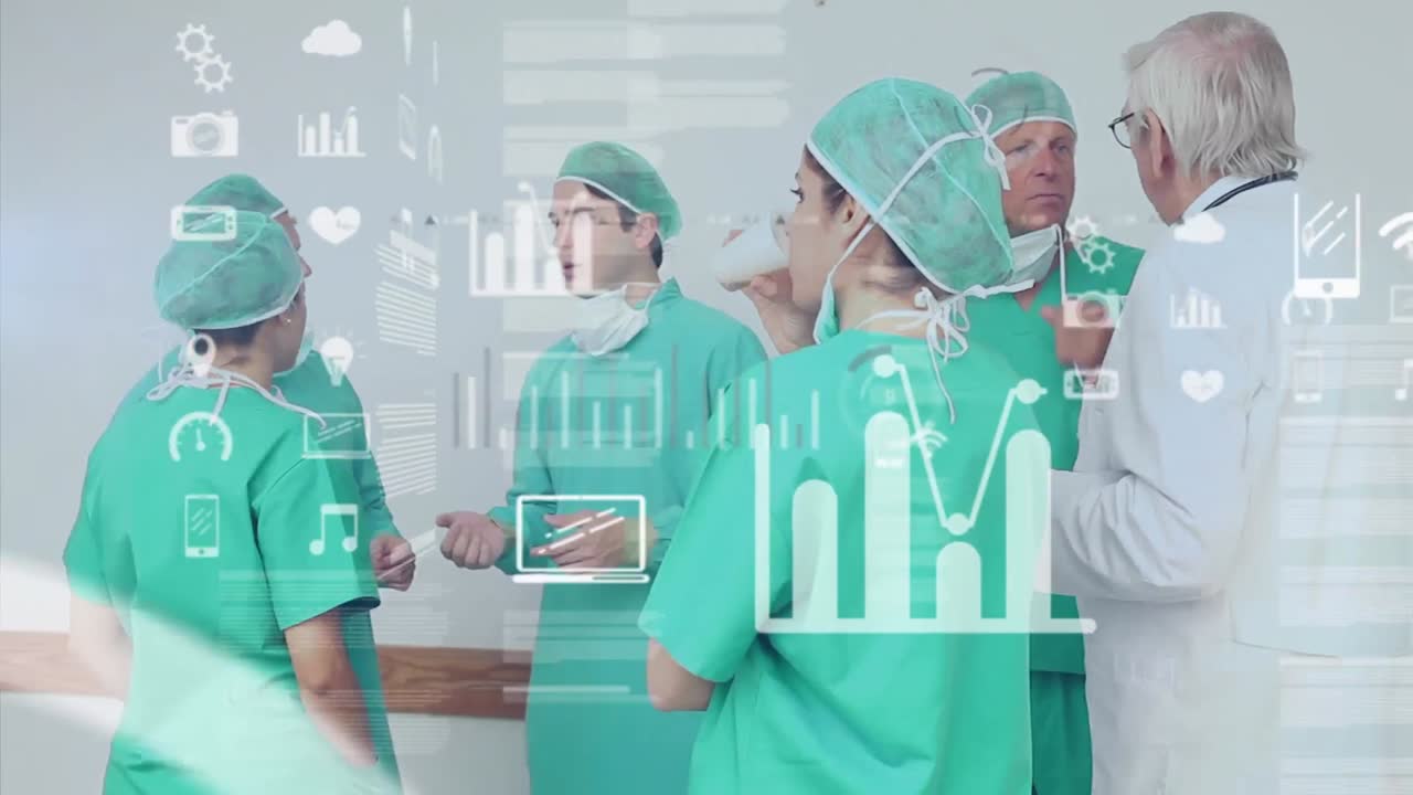Animatie van iconen en gegevensverwerking over diverse artsen in een ziekenhuis
