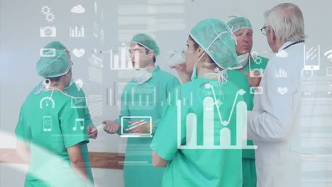 animation of icons and data processing over diverse doctors at hospital