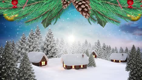 Christmas-wreath-decoration-over-snow-falling-over-multiple-trees-and-houses-on-winter-landscape