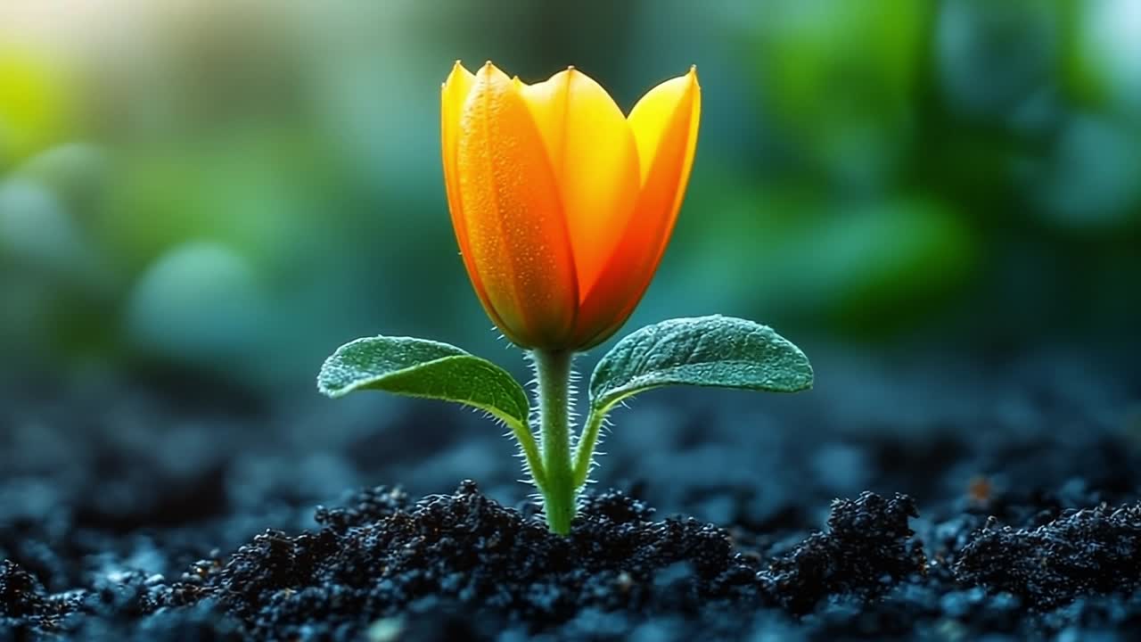 Bright orange flower blooming in soil. A vibrant orange flower rises from rich dark soil, surrounded by greenery in a serene garden setting at dawn.