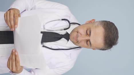 Vertical-video-of-The-doctor-examining-the-paperwork-is-thoughtful.