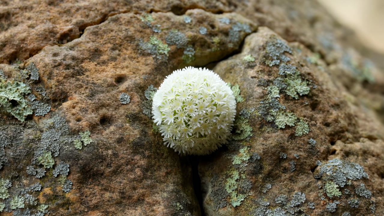White Round Flower On Rock Surrounded By Green Lichen In Shallow Crevice, Macro Detail Captures Delicate