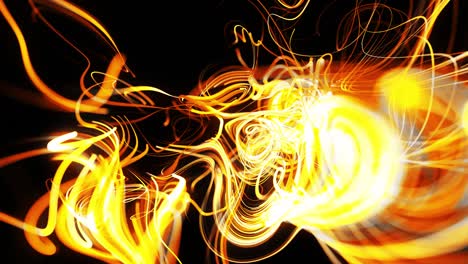 flow of particles forms curled yellow lines like glow light trails or streaks, lines form swirling pattern like curle noise. abstract 3d animation as bright creative festive bg. fast lines of light