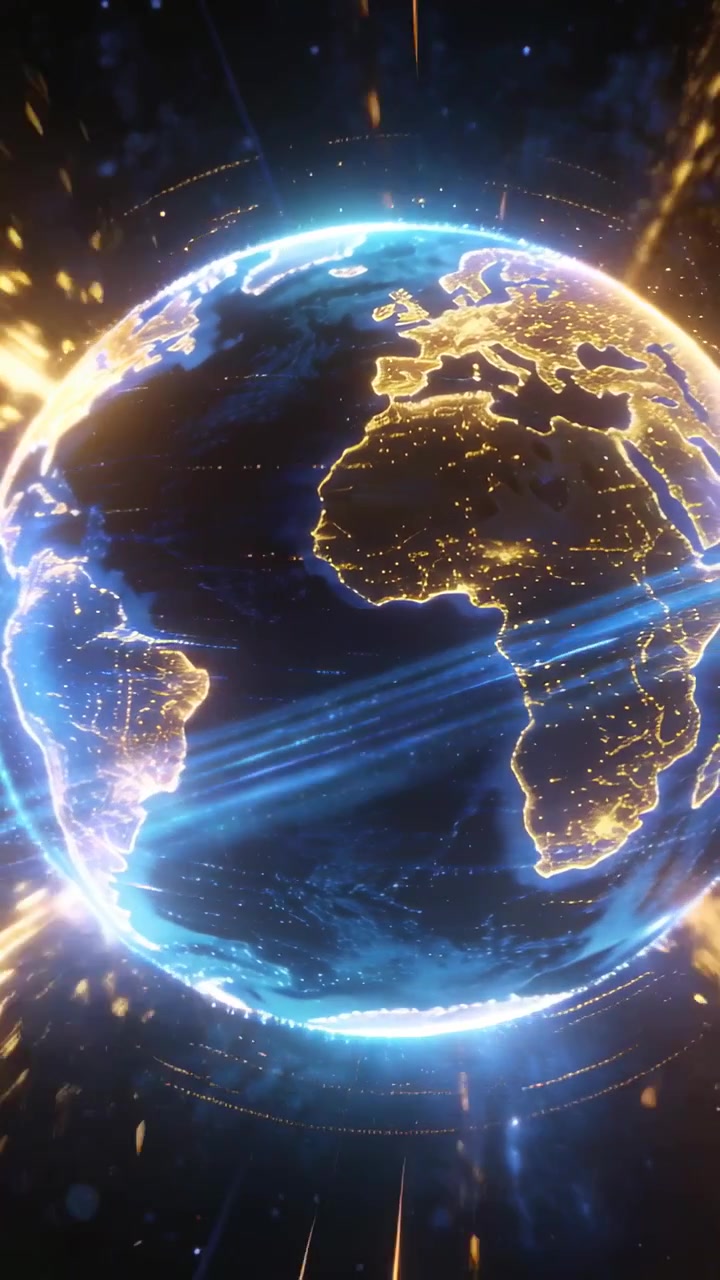 Video verticale: Globo digitale che ruota, la telecamera zooma, fasce blu si muovono e raggi mostrano dati.