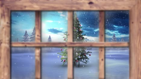 Animation of snow falling over christmas tree and winter scenery seen through window