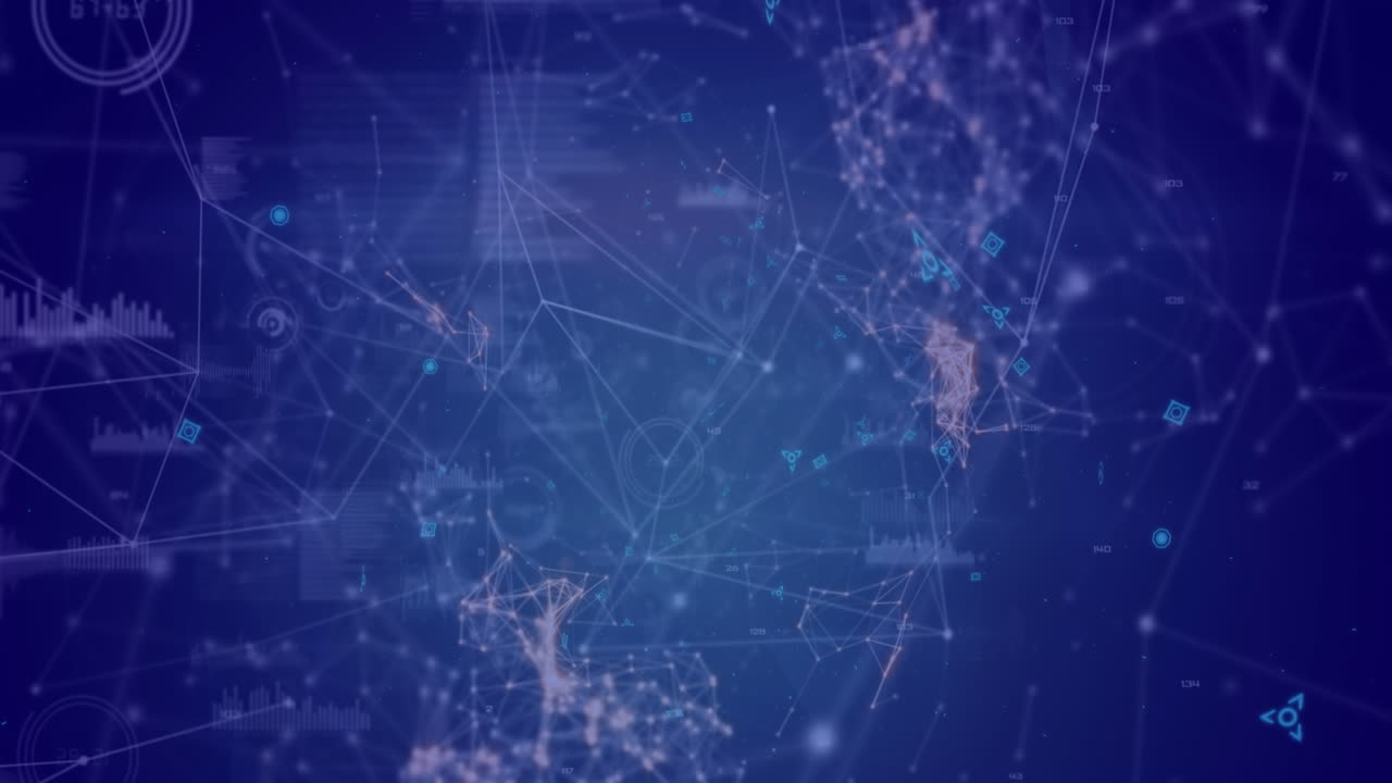 Animation of network of connections and data processing spinning against blue background