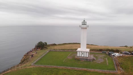 Faro-En-Un-Acantilado-Con-El-Océano-De-Fondo,-Toma-Panorámica-Aérea