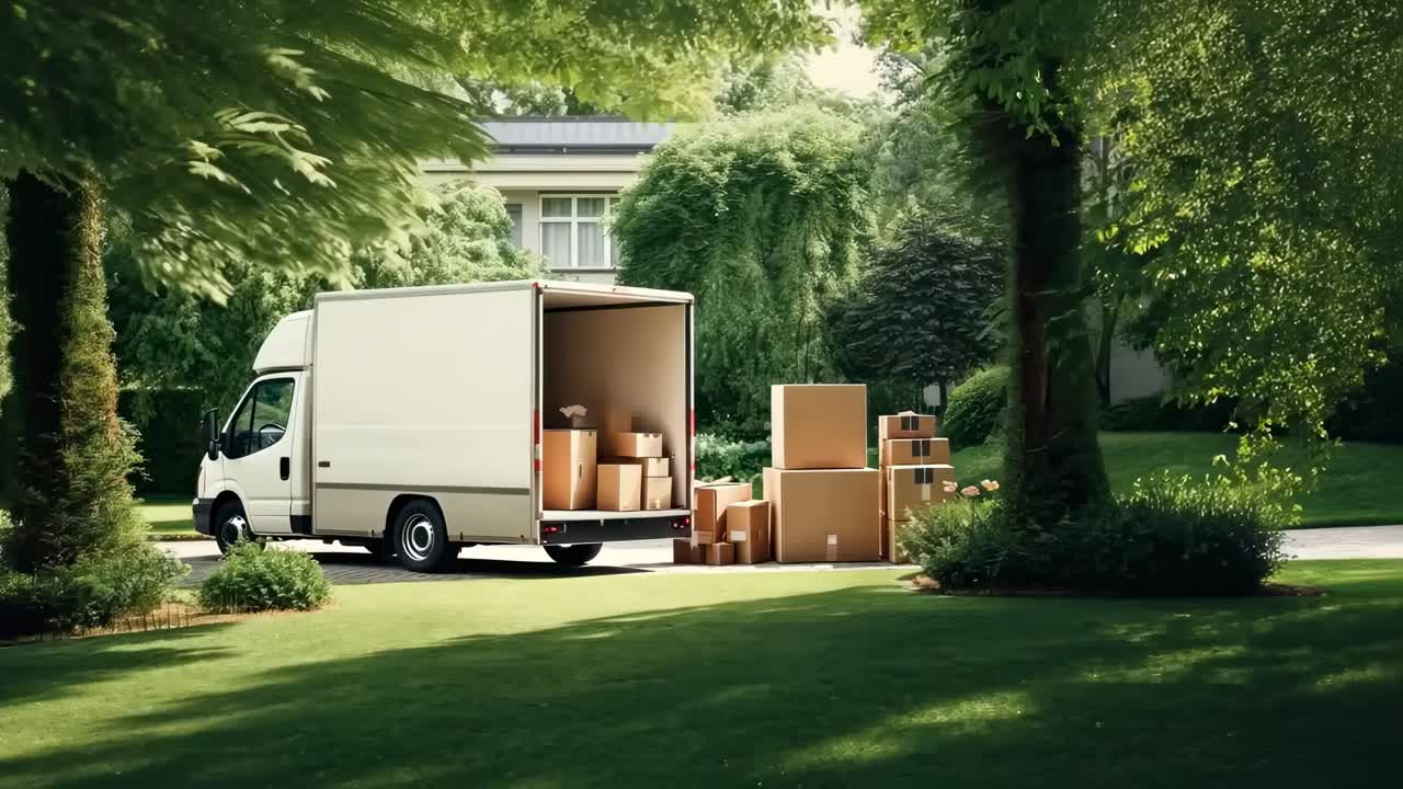 A moving truck with open back doors, surrounded by boxes, in a lush suburban setting