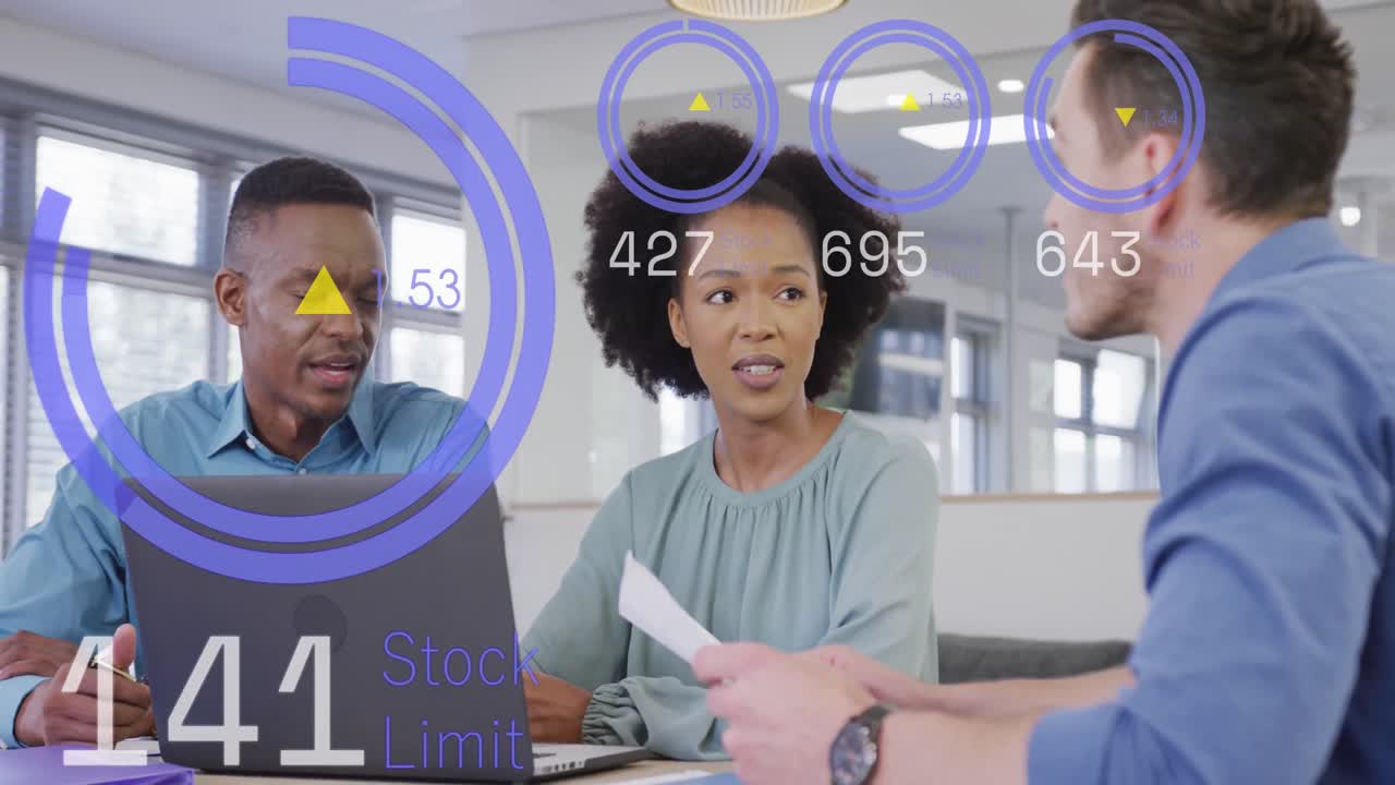 Animation of financial data processing over diverse business people in office