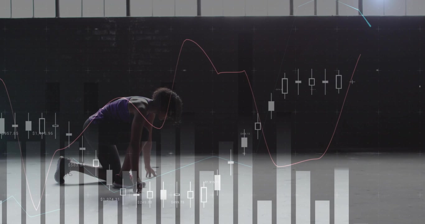 Kvindelig atlet starter en sprint med finansiel dataoverlejring.