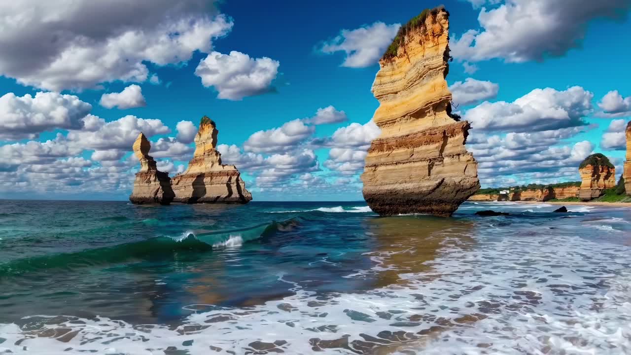 Aerial video captures towering sea stacks against a vibrant blue sky and ocean waves