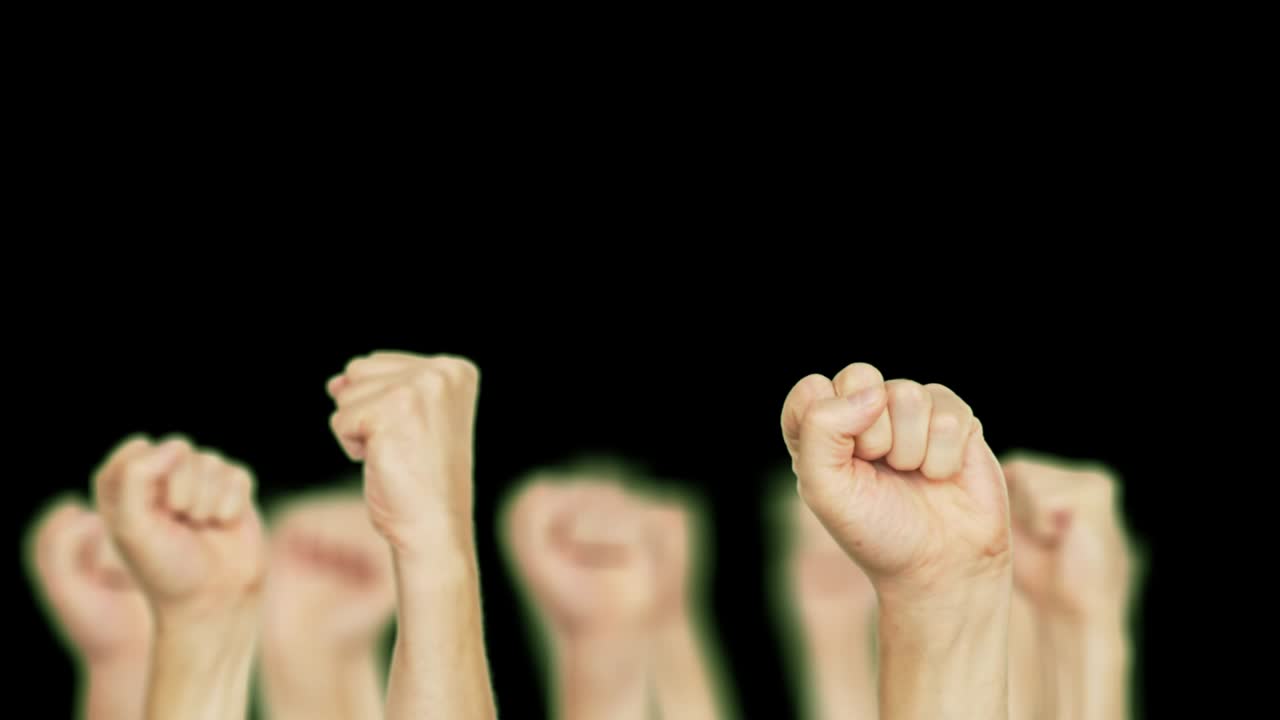 Crowd people raising up clenched fist up on green chroma key background. Men moving up hand fists isolated on chroma key background. Alpha channel, keyed green screen.