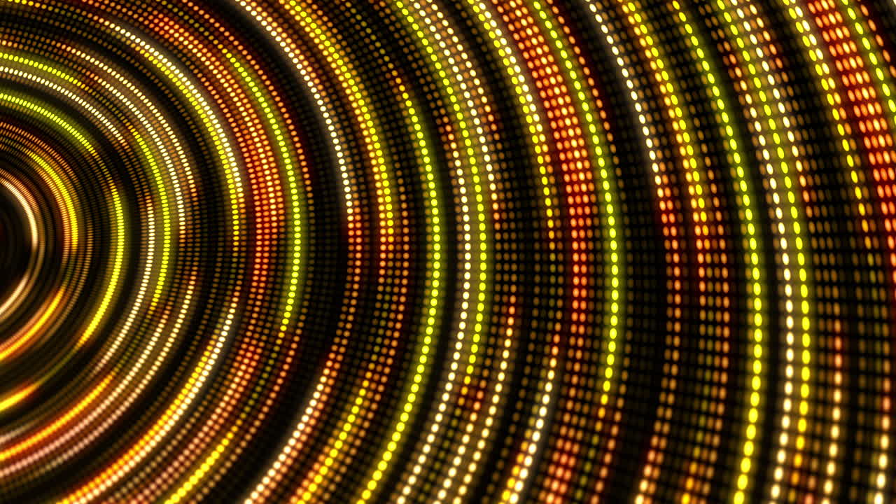 Animation of moving yellow bright dots along the lines. Rounded tunnel of chaotically glowing pixels. Radial circles. Looped animation.