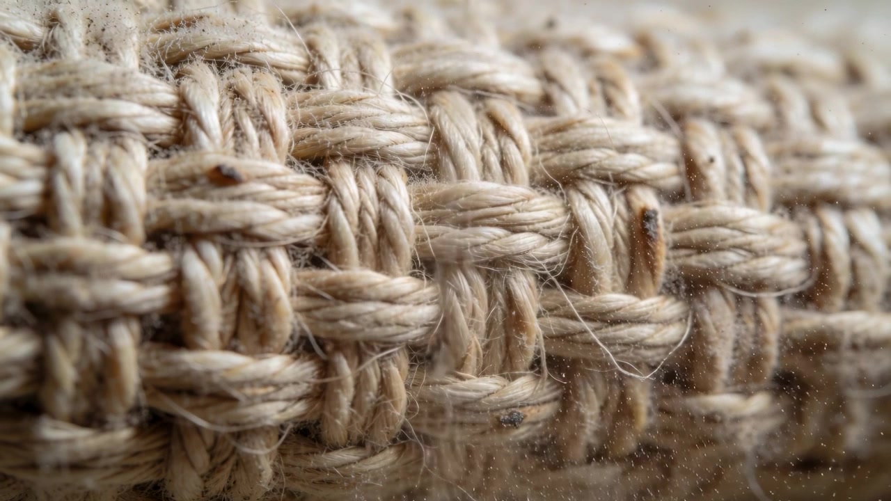 Mostrando un textil de yute tejido soltando borra y polvo tras un suave soplo sobre una mesa, con una base brillante.