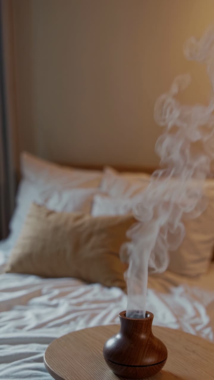 A cozy bedroom scene with steam rising from a wooden diffuser, captured at eye level