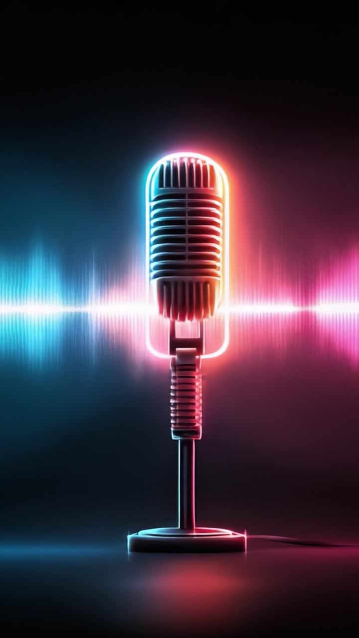Microfono illuminato sotto onde sonore dinamiche: Una sinfonia visiva di luce e audio che cattura l'essenza della musica e della performance.