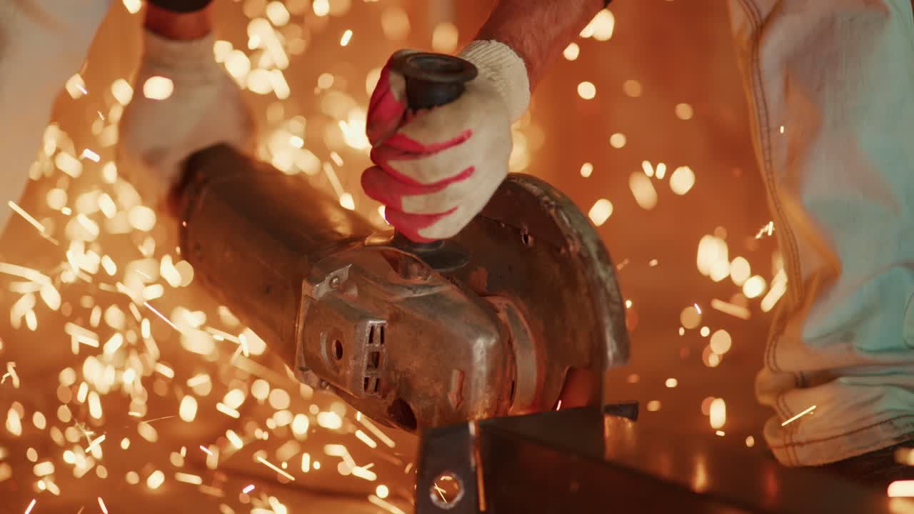 Lavoratore che taglia il metallo con una smerigliatrice angolare, creando scintille luminose