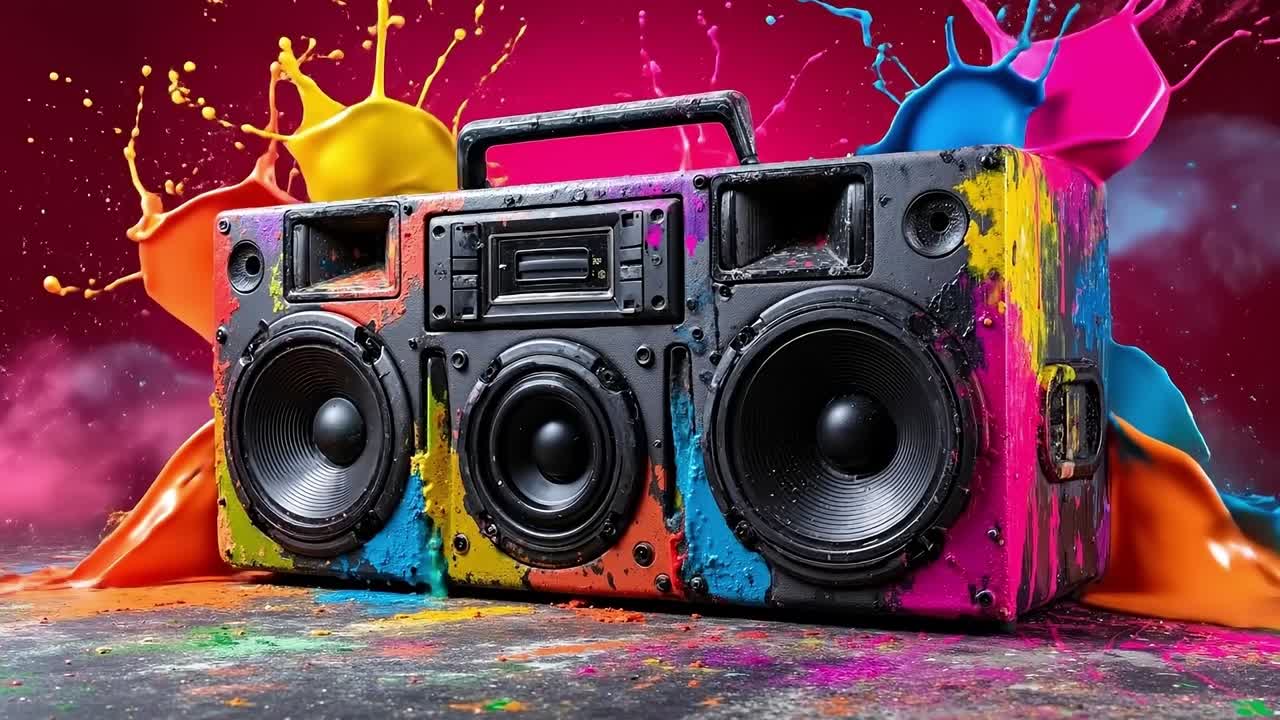 A colorful boombox with paint splatters on a colorful background