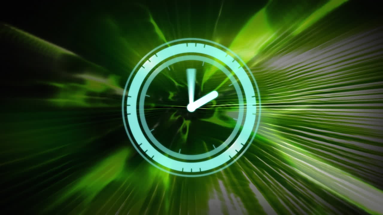 Animation of moving clock over light trails on red background
