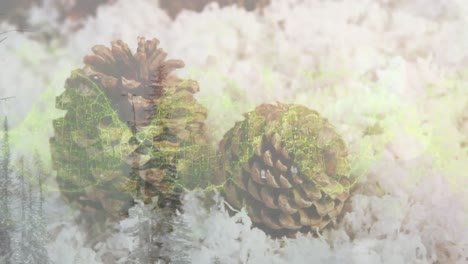 Animation-Gelber-Wellen-über-Zapfen-Und-Waldlandschaft