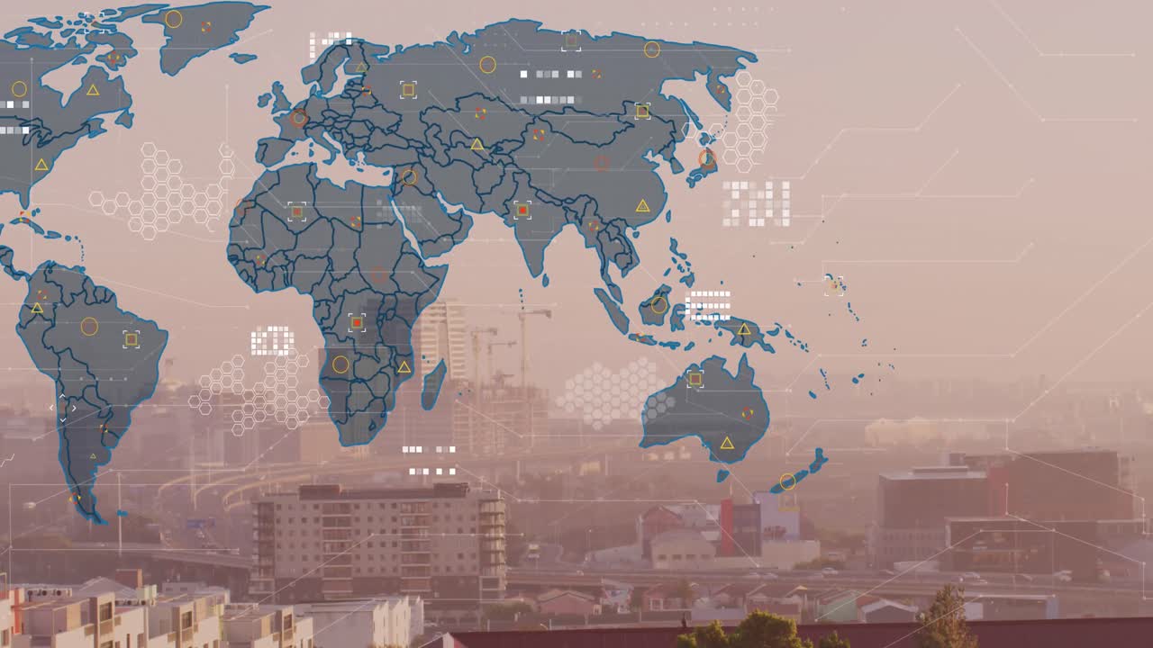 세계 지도의 애니메이션과 도시 풍경의 공중 전망에 대한 데이터 처리