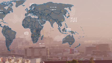 animation of world map and data processing against aerial view of cityscape