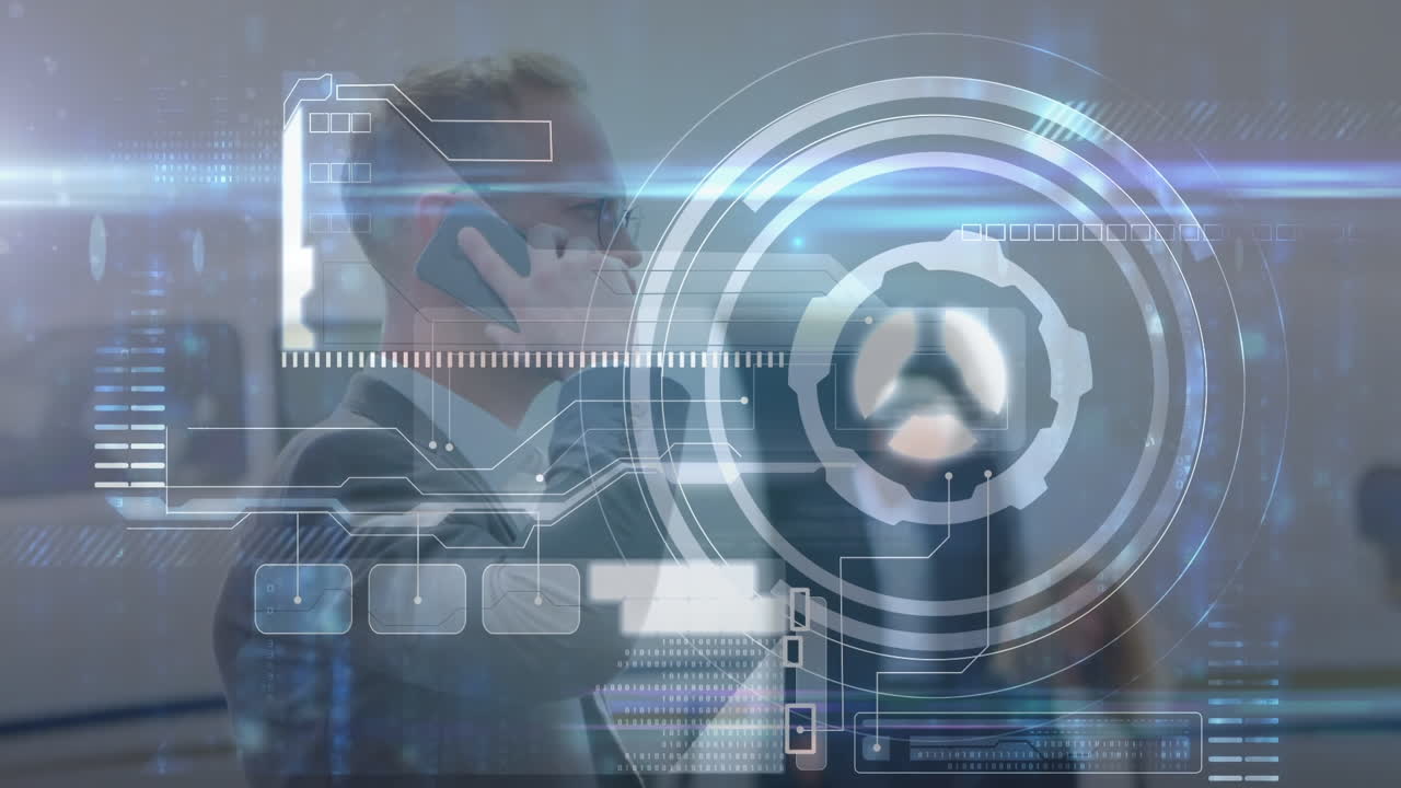 animación del procesamiento de datos financieros sobre un hombre de negocios caucásico hablando por teléfono inteligente