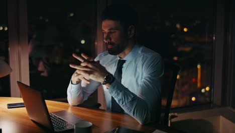 businessman busy late work sitting office with laptop close up. manager typing