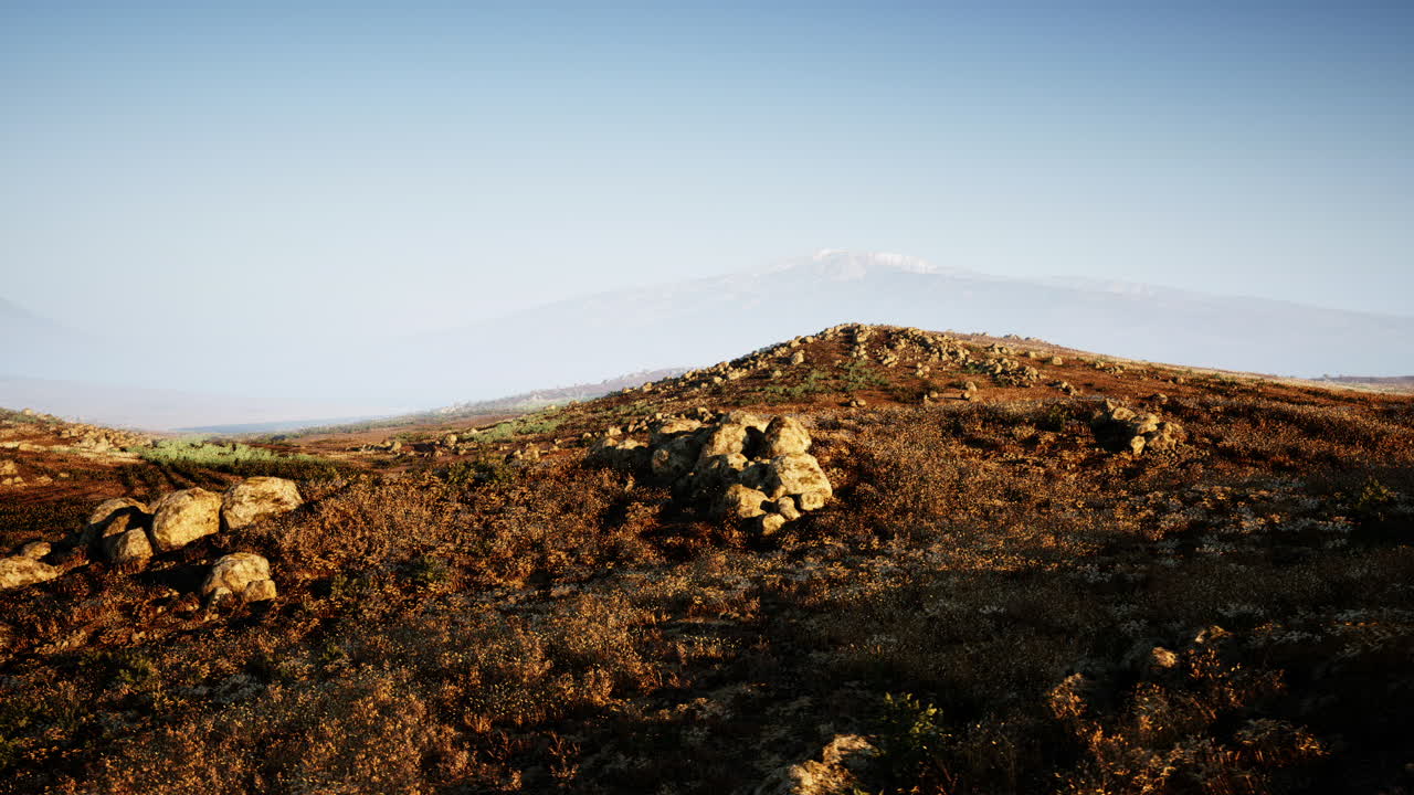Expansive view of rocky terrain under clear blue skies with distant mountains