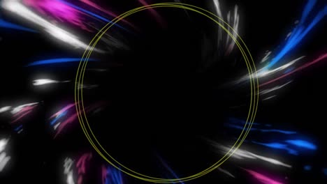 Animation-of-yellow-and-green-rings-over-pink,-blue-and-white-swirling-light-trails,-moving-on-black
