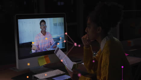 animation of network of conncetions over diverse colleagues having viedo call in office