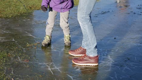 father and son skidding on a frozen pool in a park's grass