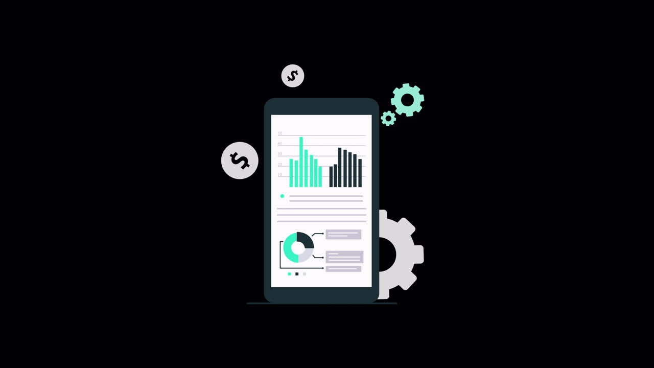 Animated Smartphone Displaying Business Data and Financial Charts