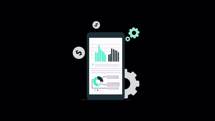 Animated Smartphone Displaying Business Data and Financial Charts