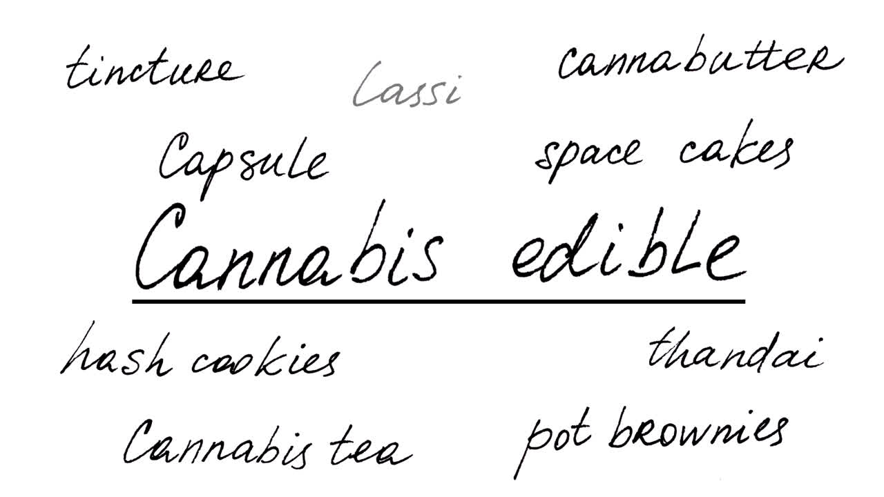 Cannabis edible. Alpha channel included. Png+alpha. Animation on marijuana. Black font on a transparent background. You can use any your background